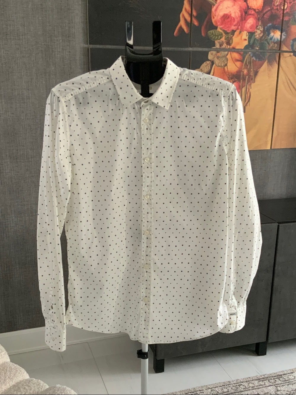 Diesel White Long-Sleeve Shirt with Black Polka Dots L